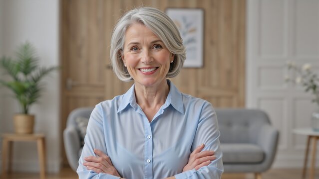 Confident mature businesswoman with gray hair smiling at the camera. Portrait of a successful senior professional with arms crossed in a modern office setting - Powered by Adobe