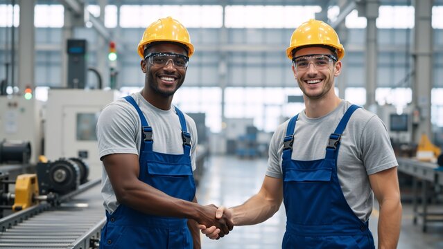 Two diverse factory workers shaking hands and smiling at the camera. Multiracial engineers in hard hats collaborating in a manufacturing plant. Teamwork and partnership in an industrial workplace - Powered by Adobe