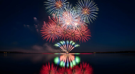 Vibrant fireworks display over calm lake at night with colorful reflections on water surface