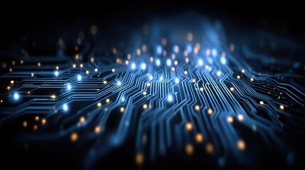 Abstract dark blue circuit board vector background with dynamic glowing dots and connecting lines for tech theme web banner, business presentation and data visualization design