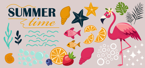 Summer Tropical Graphic Set &ndash; Flamingo, Citrus & Shells