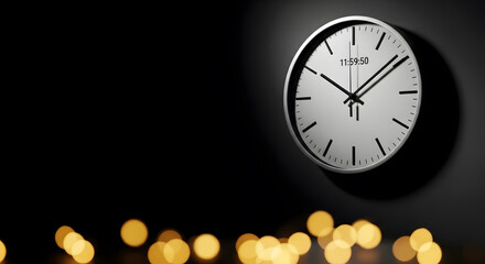 White wall clock showing last minutes before midnight on dark background with bokeh lights below