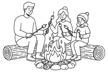 Cartoon camping scene illustration of three people roasting marshmallows around campfire, black and white line art