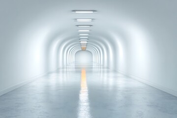 A clean, brightly lit futuristic white tunnel with a reflective floor and orange guide line, symbolizing technology, progress, hope, and the journey ahead.