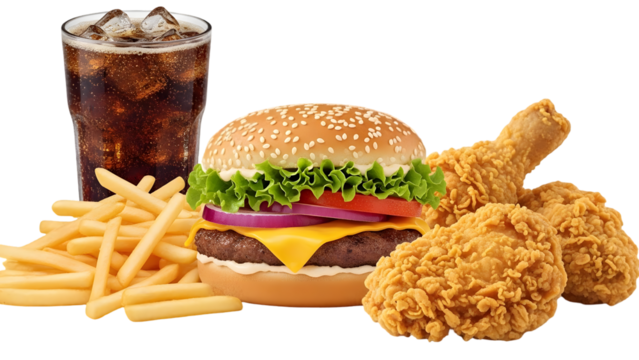Classic fast food meal with burger fries drink and chicken isolated on transparent background - Powered by Adobe