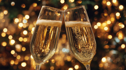 Champagne glasses clinking with golden bokeh lights in the background