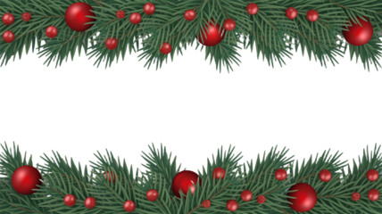 Christmas Tree Pine Branch Garland Border with Red Bauble Ornaments and Berries Isolated on White Background for Holiday Season Decoration Banner Template