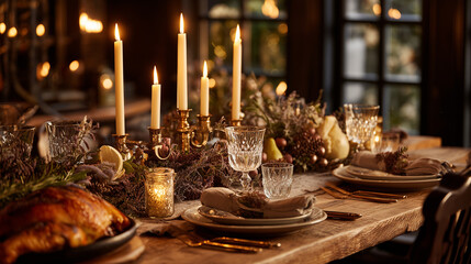 Naklejka premium Warm holiday dinner table with candles, festive food, and elegant New Year dÃ©cor