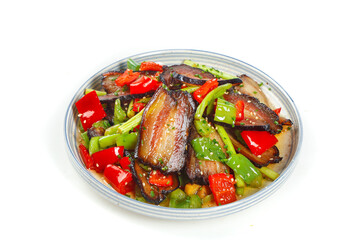 Stir-Fried Eggplant with Bell Peppers and Green Onions in White Bowl - Asian Vegetable Dish