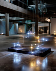 Obraz premium A captivating modern art installation featuring suspended lights, showcasing the interplay of illumination and space in a contemporary gallery setting.
