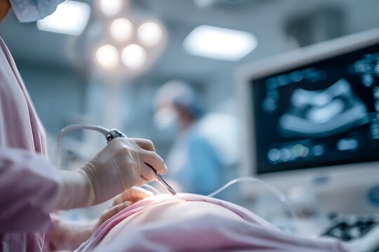 Close up of a surgeon performing a minimally invasive laparoscopic procedure with specialized tools in a sterile operating room, symbolizing precision, modern surgery, and low risk.