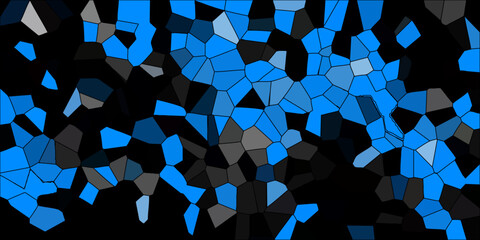 Vibrant abstract mosaic of blue and grey polygonal shapes against a stark black background, creating a dynamic, fragmented visual effect with sharp edges and contrasting colors suitable for digital