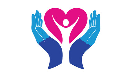 Caring Hands Protecting Heart with Joyful Human Silhouette Logo Vector Illustration