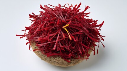 Naklejka premium Vibrant red saffron strands displayed in a natural woven bowl, showcasing the unique texture and color of this prized spice, perfect for culinary and artistic applications