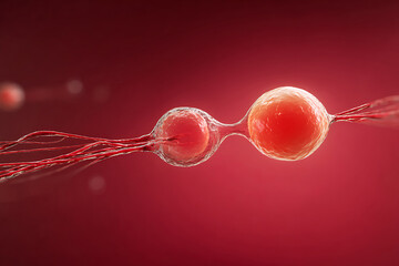 Two connected red biological cells with tendrils, possibly dividing, on a vibrant red background.