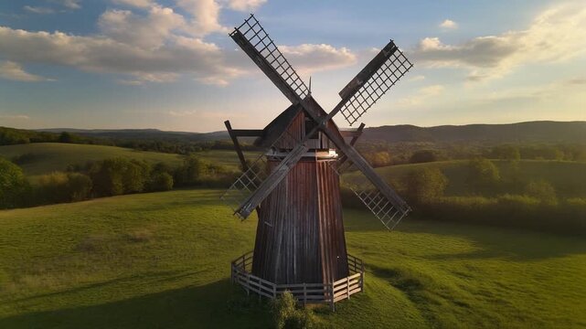 The Windmill's Timeless Tale: An aged wooden windmill stands proudly against a backdrop of rolling hills and a vibrant sunset sky, evoking feelings of history and tranquility.