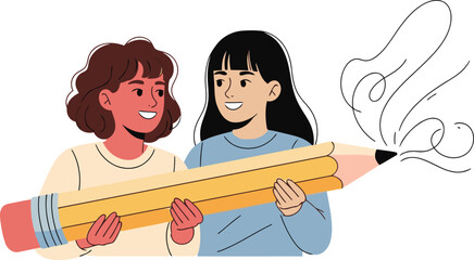 Two smiling young women hold a giant pencil, symbolizing creativity and storytelling. A lightbulb radiates from the pencil, suggesting inspiration. Flat vector illustration, bright and cheerful.