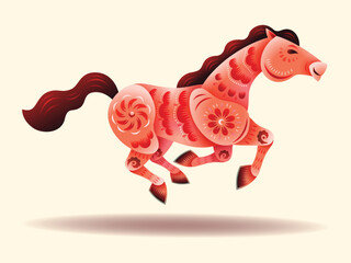 Chinese Oriental Paper Graphic Cut Art of Golden Horse Symbol with Floral Pattern