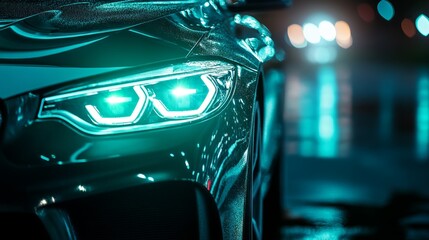 The stylish headlights of modern cars emphasise technological sophistication and luxury, creating a striking backdrop for car dealership advertisements or presentations  
