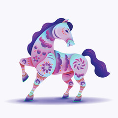 Chinese Oriental Paper Graphic Cut Art of Golden Horse Symbol with Floral Pattern - Neon