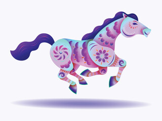 Chinese Oriental Paper Graphic Cut Art of Golden Horse Symbol with Floral Pattern - Neon