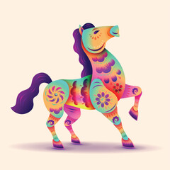 Chinese Oriental Paper Graphic Cut Art of Golden Horse Symbol with Floral Pattern - Neon