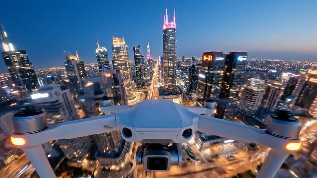 Modern white drone flying high above illuminated city at dusk with motion blur