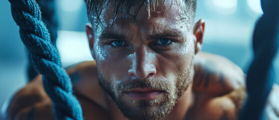 The tense face of an athlete holding a rope conveys a spirit of struggle and endurance, creating a motivational atmosphere for gyms.