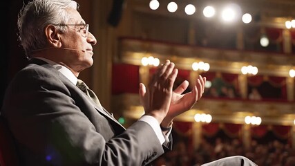 Distinguished senior man in a formal suit and glasses applauds heartily at a grand theater or opera house Capturing the genuine moment of audience appreciation 