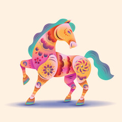 Chinese Oriental Paper Graphic Cut Art of Golden Horse Symbol with Floral Pattern - Neon