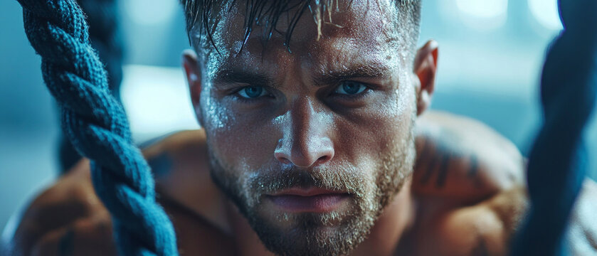 The tense face of an athlete holding a rope conveys a spirit of struggle and endurance, creating a motivational atmosphere for gyms. - Powered by Adobe