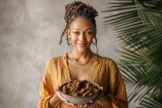 Curry Goat served in bowl held by young woman with dark skin, dreadlocks, warm smile. Concept of joyful sharing of spiced goat meat Caribbean traditional cuisine.