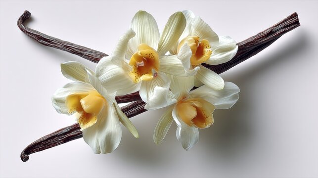 Elegant white orchids with vibrant yellow centers arranged artistically on a dark vanilla pod, showcasing natural beauty and delicate floral details in a serene composition - Powered by Adobe