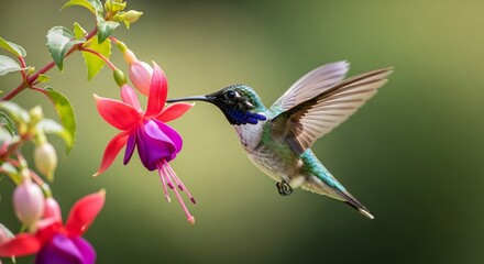 Naklejka premium Hummingbird sips nectar from a fuchsia flower in soft focus
