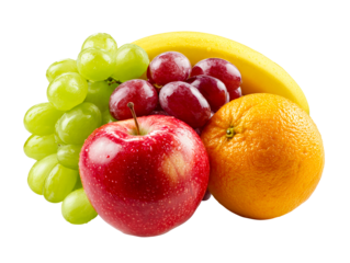 Fresh assortment of fruits including apple, grapes, banana, and orange