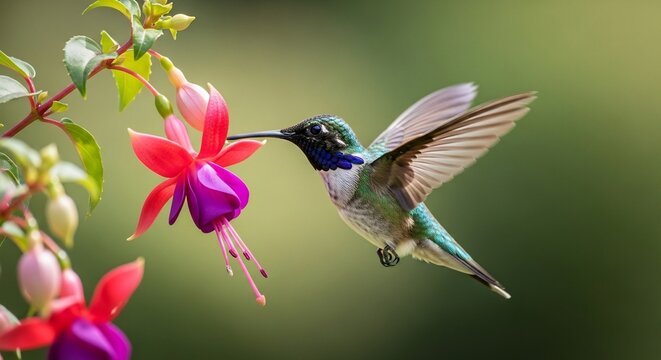 Hummingbird sips nectar from a fuchsia flower in soft focus