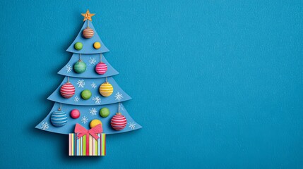 Festive Christmas tree on blue background for holiday greetings and cheerful designs, perfect for seasonal promotions and winter celebrations
