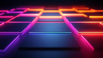 Abstract 3D rendering of a grid composed of square tiles glowing with neon lights, creating a modern and futuristic design.