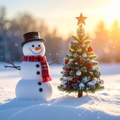 Fototapeta premium Whimsical Winter Wonderland: Snowman and Decorated Christmas Tree in a Snowy Field