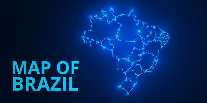 Low Poly Digital Map of Brazil with Neon Glowing Connections