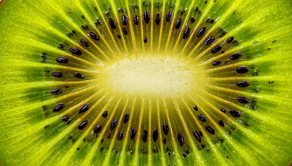 High-resolution macro shot of a vibrant green kiwi slice, showcasing its juicy texture, bright color, and radial seed pattern