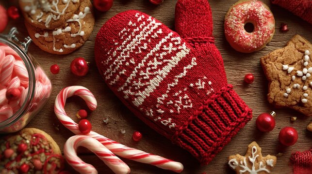 Festive red mitten and sweet treats conjure cozy winter holiday memories, perfect for seasonal greetings and heartwarming designs