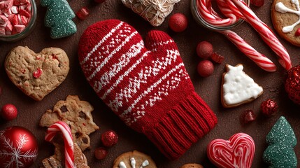 Festive holiday baking scene with a red mitten, homemade cookies, candy canes, and ornaments for warm Christmas cheer
