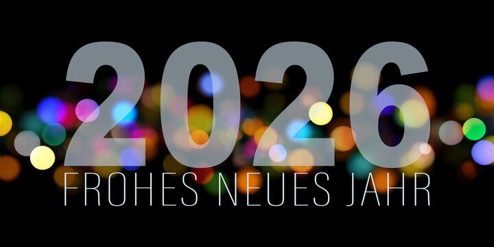 Frohes neues Jahr, Silvester, Neujahr - Jahreszahl 2026 und bunte Bokeh Lichter, isoliert auf schwarzem Hintergrund