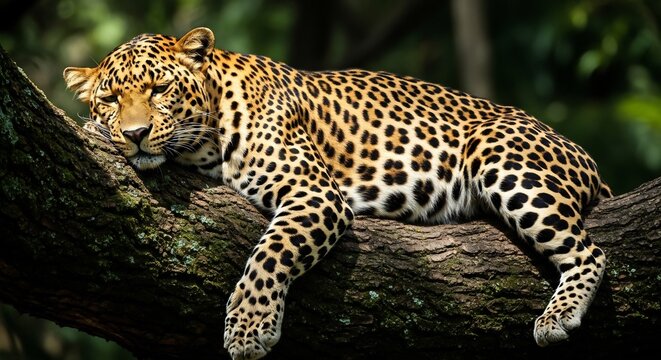 Leopard resting on a mosscovered tree branch in dappled sunlight