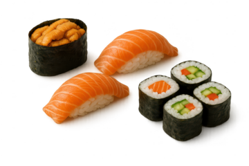 Various sushi types including salmon, maki, uni rolls on a transparent background.
