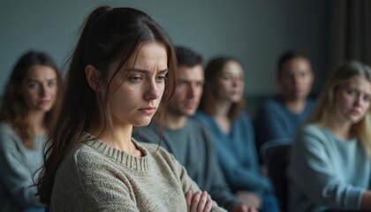 Woman looks troubled in group therapy session. People sit together listening attentively. Diverse group shares feelings indoors in support meeting. Emotional distress shared openly with care.