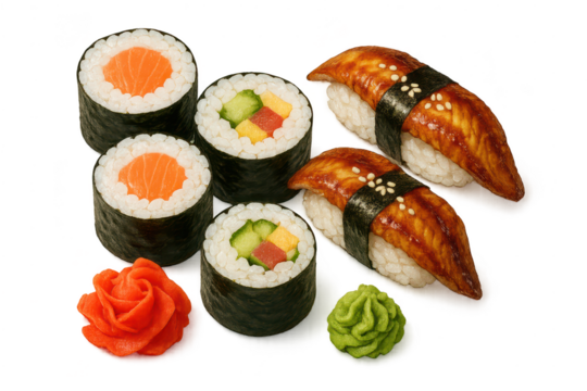 Assortment of fresh Japanese sushi rolls and nigiri with a transparent background. - Powered by Adobe