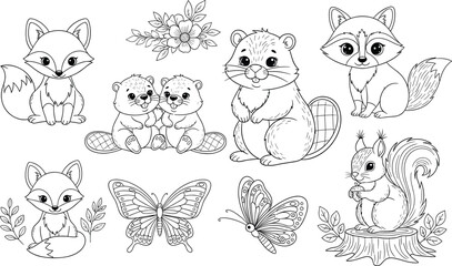 Obraz premium Cute Forest Woodland Animals Vector Set Including Foxes, Beavers, Squirrel, Raccoon, and Nature Elements for Coloring
