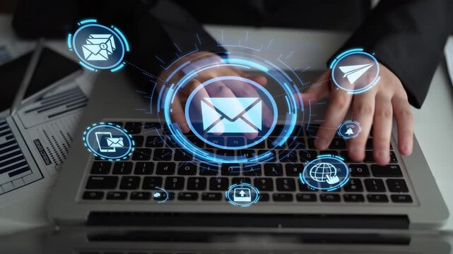 Email icons show digital communication, email service, and inbox management. Email supports online messaging, email notification, and secure exchange. Funnel
